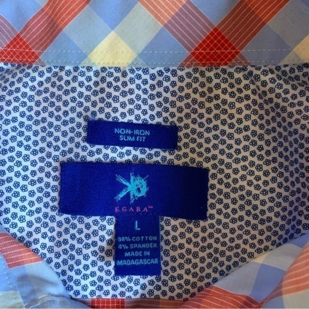 Egara Men’s Button Down Long Sleeve Blue Cream and Orange Plaid Shirt Size Large - Picture 7 of 7